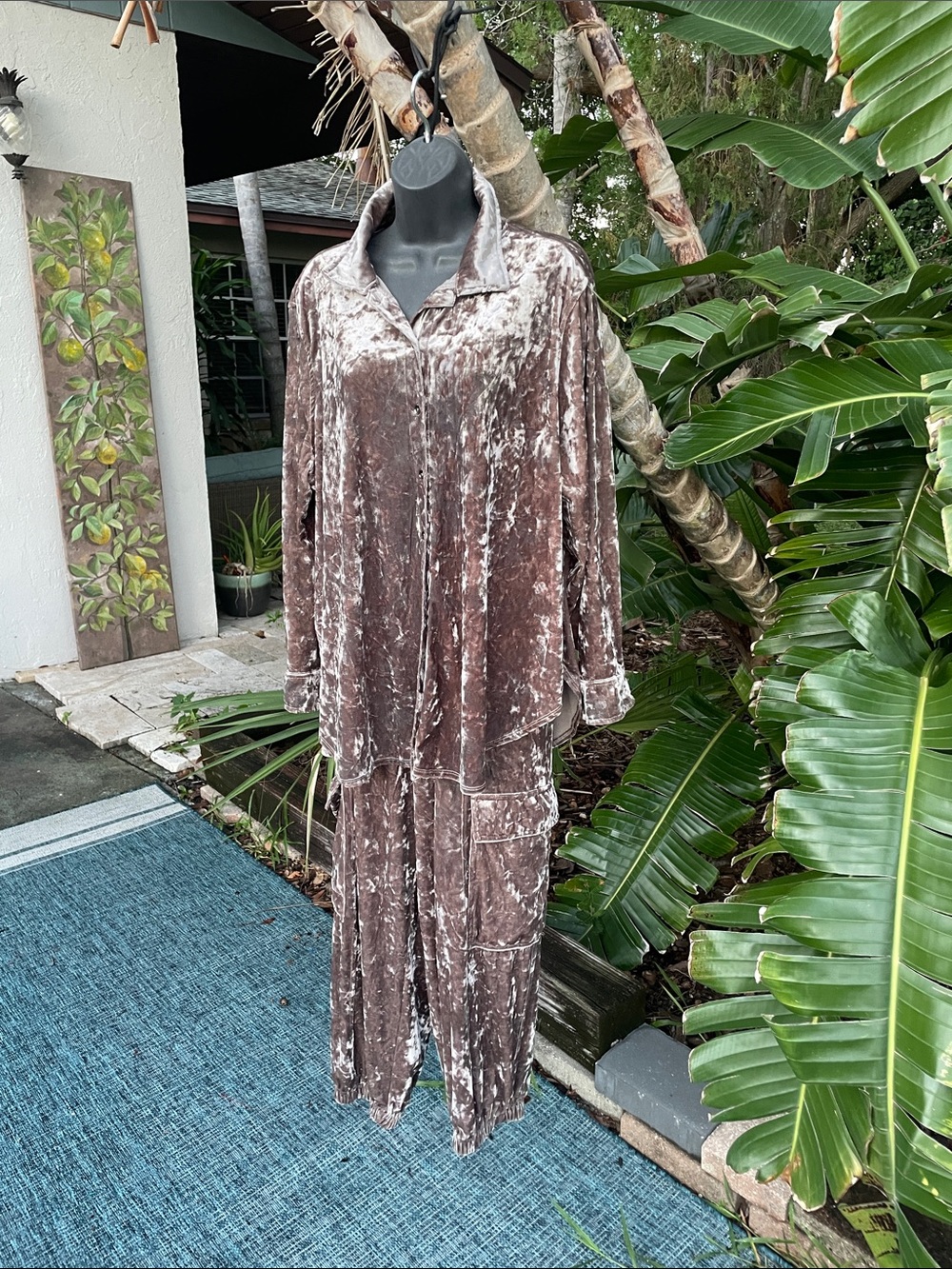 Silver crushed velvet balloon, leg pan suit